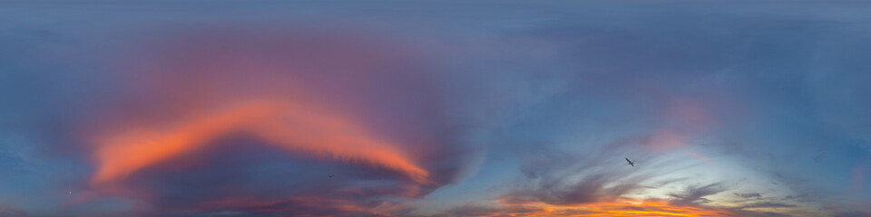 Panorama of a dark blue sunset sky with pink Cumulus clouds. Seamless hdr 360 panorama in spherical equiangular format. Full zenith for 3D visualization, sky replacement for aerial drone panoramas.