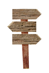 Old wooden road sign on white background with clipping path