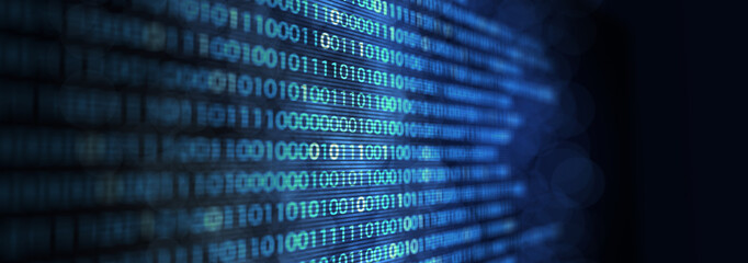 Matrix of binary numbers. Binary computer code. Futuristic backdrop. Flow of blue random digital numbers. 3d illustration - obrazy, fototapety, plakaty