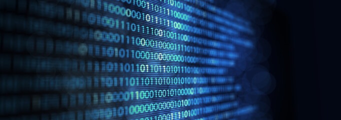 Fototapeta premium Matrix of binary numbers. Binary computer code. Futuristic backdrop. Flow of blue random digital numbers. 3d illustration