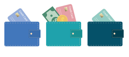 Set of multicolored wallet icons. Leather wallet. Wallet with card and money. Isolated on white background. Vector illustration in flat style