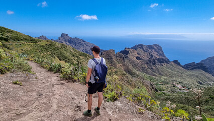 Rear view on man on scenic hiking trail near Masca in Teno mountain massif, Tenerife, Canary Islands, Spain, Europe. Path goes along fields of agave flowers and blossoming prickly pear cactus plants