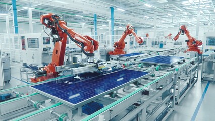 Orange Industrial Robot Arm at Production Line at Modern Bright Factory. Solar Panels are being...