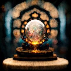 A crystal ball, glowing. Fantasy chaotic fractal texture. 3D rendering. Shiny bubble. Abstract background. Fantastic digital illustration.
