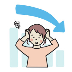 グラフ　下がる　頭をかかえる女性