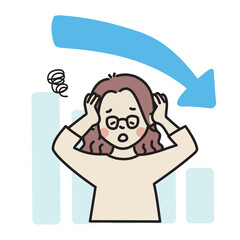 グラフ　下がる　頭をかかえる女性