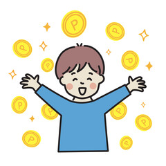 コイン　ポイント　バンザイで喜ぶ男性