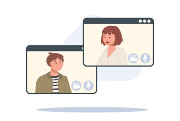 Video call concept,Global network. Man and woman are talking and video calling via internet application. Vector illustration