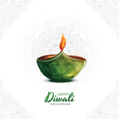 Illustration of burning watercolor diya on happy diwali card background