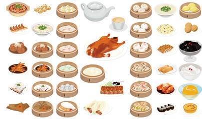 飲茶・点心の人気メニューアイコン①（北京ダック、小龍包、焼売、餃子、杏仁豆腐）
