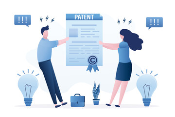 Copyright conflict, authors or business people pull patent document. Intellectual property dispute. Copyright protection, prohibition of copying and use of trademark license