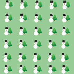 Abstract vector green Christmas tree and snowman arranged on a light green background.