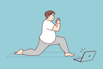 Fat man in sportswear training on mat with online video lesson on computer. Overweight male do sports exercise with classes on internet on laptop. Healthy life and weight loss. Vector illustration. 