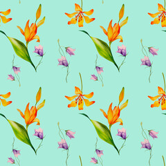 A pattern of lilies and bluebells. Watercolor illustration. Textile. Botanical illustration.