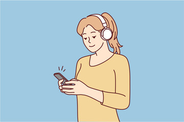 Happy young woman in headphones listen to music on smartphone. Smiling girl in earphones enjoy good quality sound on cellphone. Vector illustration. 