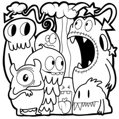 Hand-drawn illustrations, monsters doodle, Hand Drawn cartoon monster illustration,Cartoon crowd doodle hand-drawn Doodle style.black and white stripes coloring  book