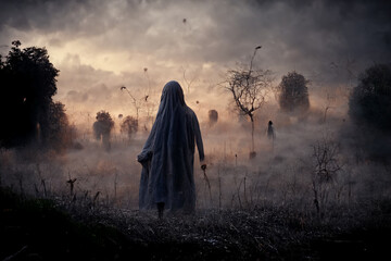 Grim reaper in creepy, foggy, frozen meadow .Digital art