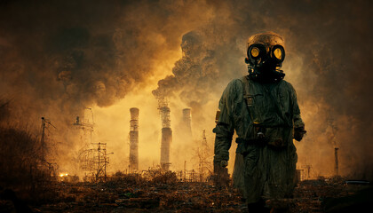 Naklejka premium Post apocalyptic survivor in gas mask. Environmental disaster, armageddon concept.Digital art.