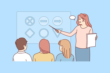 Female teacher make presentation in automotive courses. Woman tutor talk explain at lesson in driving school to pupils or students. Vector illustration. 