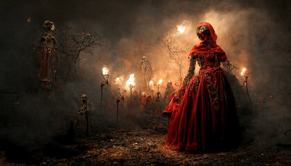 Fototapeta premium Scary ghost woman in the night with torches. Digital art