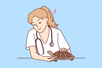 Smiling female veterinarian take care of turtle in hospital. Happy woman vet doctor cure small domestic pet in clinic. Vector illustration. 