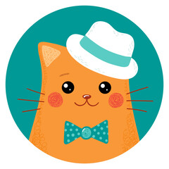 Cute Red Cat. Avatar of a Funny Pet in a white hat and bow tie. Colorful portrait of kitten. User profile. Vector icon with smiling feline character in a circle. Hand drawn flat cartoon illustration. 