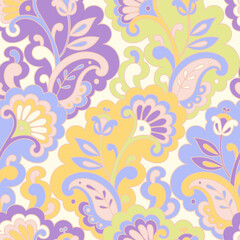 Modern folk psychedelic seamless pattern. Retro Asian ethnic ornament. Vintage Indian vector background. Hippie 70s styled groovy textile print. Floral motifs