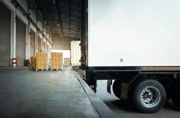 Shipping Cargo Container Trucks Parked Loading at Dock Warehouse. Goods Pallets. Delivery Trucks....