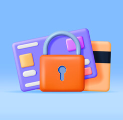 3D Bank or Credit Card with Padlock Isolated. Safe Payment System with Chip. Render Padlock and Plastic Card. Safety Payments Concept. Secure Payments, Money Under Protection. Vector Illustration