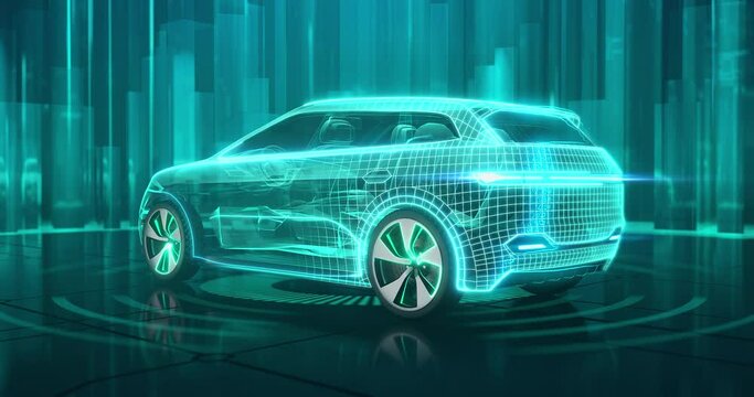 Wireframe car concept on the glossy surface and with futuristic city on the background. Modern SUV car in back side view. Professional 4K video with own designed generic non existing car model.
