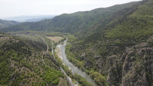 Aerial view of Struma River passing through the Kresna Gorge, Bulgaria