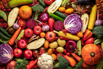 fresh vegetables and fruits background mix assorted. Autumn harvest healthy vegan nutrition and...