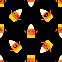 Vector seamless pattern background with variety of cute cartoon style candy corn, halloween sweets characters.
