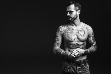 Fototapeta na wymiar Portrait of handsome confident stylish hipster lambersexual model. Sexy modern man. Naked torso with tattoos.Fashion male posing in studio on dark background in sunglasses. Black and white