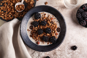 Chocolate granola with almond milk and blackberry.