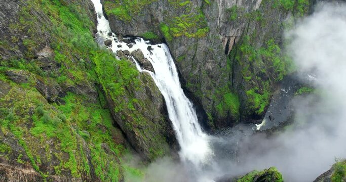 Vøringfossen highest waterfall iconic scenery from Norway aerial landing view in HDR