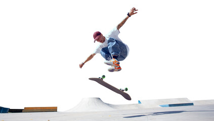Skateboarder doing a trick isolated on white background © Artur Didyk