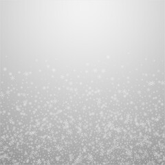 Christmas falling snow background. Subtle flying snow flakes and stars. Festive winter silver snowflake overlay template. Vector illustration