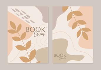 Botanical book cover vector set. boho Foliage line art drawing with abstract shape. can use for print, cover, wallpaper, Minimal and natural wall art.