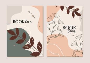 Botanical book cover vector set. boho Foliage line art drawing with abstract shape. can use for print, cover, wallpaper, Minimal and natural wall art.