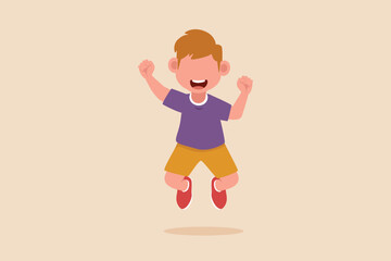 Happy little boy jump and fly. Cheer up pose concept. Flat vector illustrations isolated. 