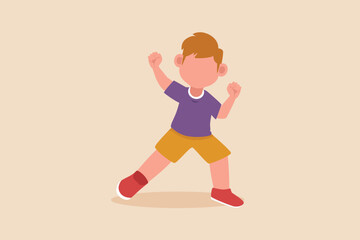Fototapeta na wymiar Happy little boy shows win fist up expression gesture. Cheer up pose concept. Flat vector illustrations isolated. 