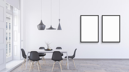 Two empty vertical black frames mock up design in a bright dining room with wooden oak floor.
