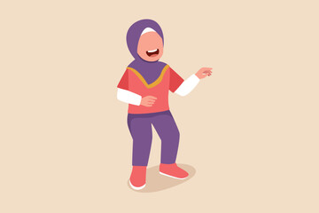 Happy muslim little girl standing and laughing. Cheer up pose concept. Flat vector illustrations isolated. 
