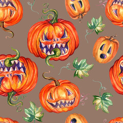 Watercolor halloween seamless pattern with scary pumpkins