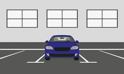 Blue car in the parking lot in front of the building