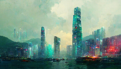 Future cyberpunk city panorama with skyscrapers. 3d illustration
