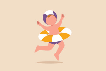 Happy little boy using floating ring before to swimming pool. Water polo concept. Vector illustration.