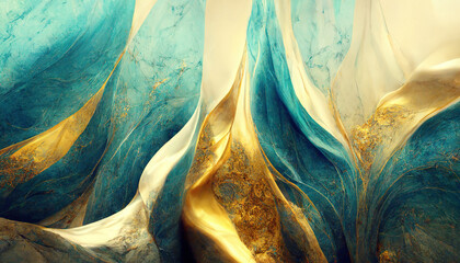 Abstract luxury marble background. Digital art marbling texture. Turquoise, gold and white colors. 3d illustration
