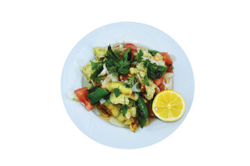 Salad of roasted eggplant, tomato, onion, parsley and peppers on a white plate.